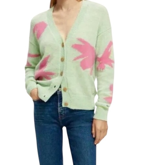 SCOTCH & SODA Intarsia Knitted Boxy Fit Cardigan Size Medium Green and Pink - Picture 1 of 14